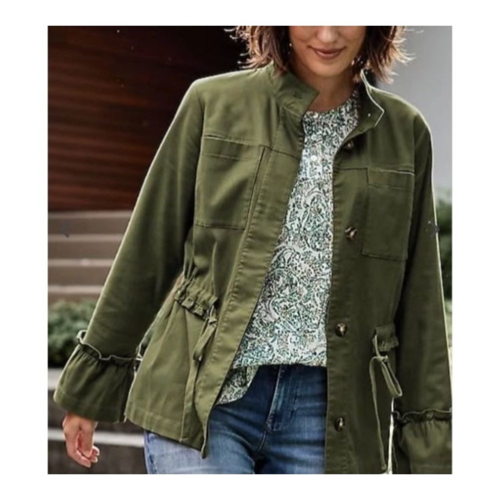 EUC J. Jill Olive Green Ruffle sleeve tie waist Jacket Neck Cotton Tencel size S